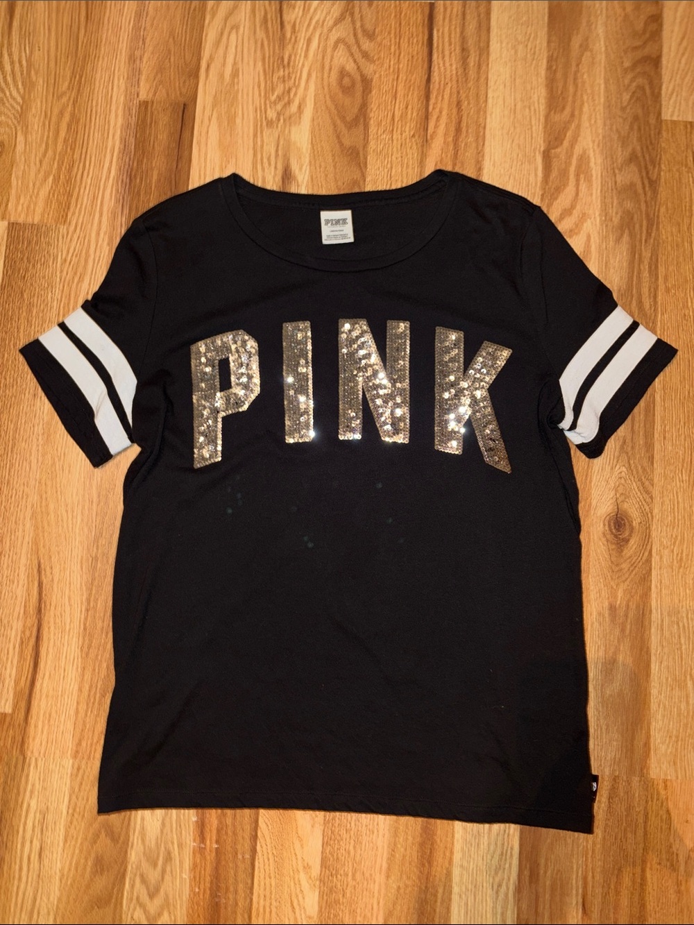 PINK Victoria's Secret Black Tee with Gold Sequin Logo